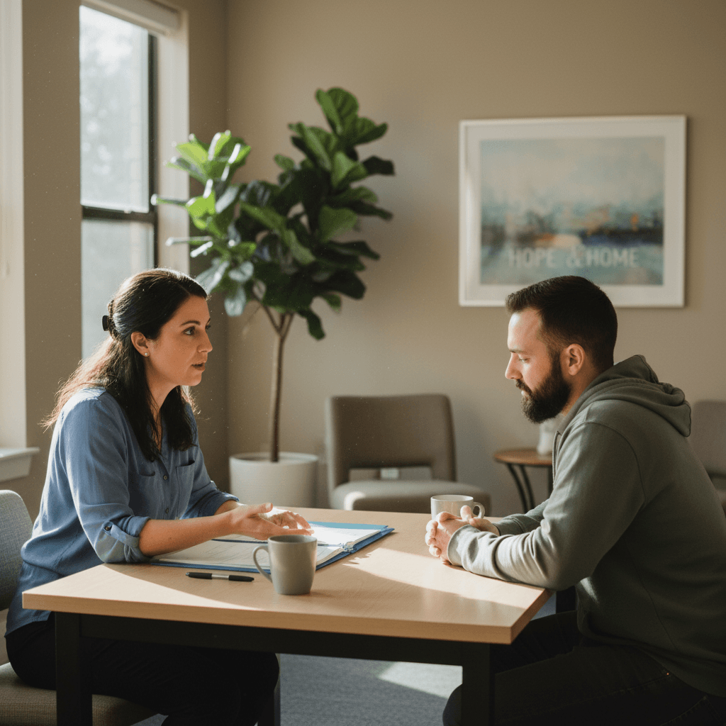 Case manager reviewing documents with client in bright office, discussing housing assistance and support services Case manager reviewing documents with client in bright office, discussing housing assistance and support services